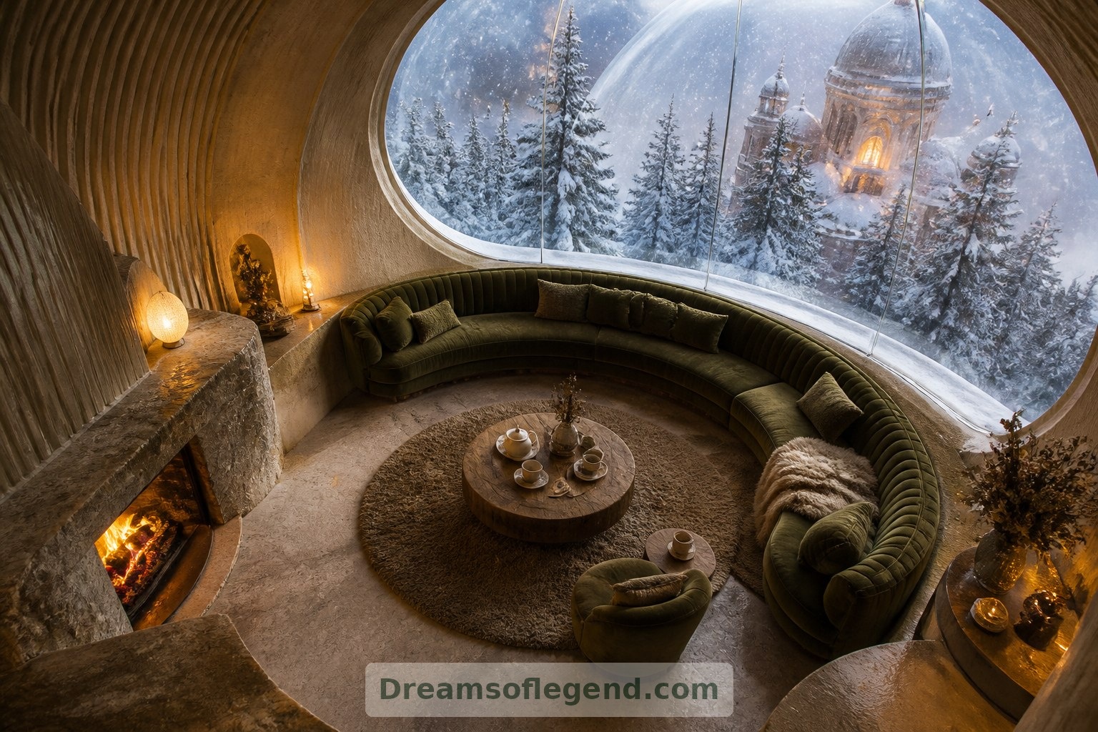 توجّه أريكة مخملية منحنية غرفة الجلوس نحو الثلج، فيما تتصدر المدفأة جانبها المحمي.