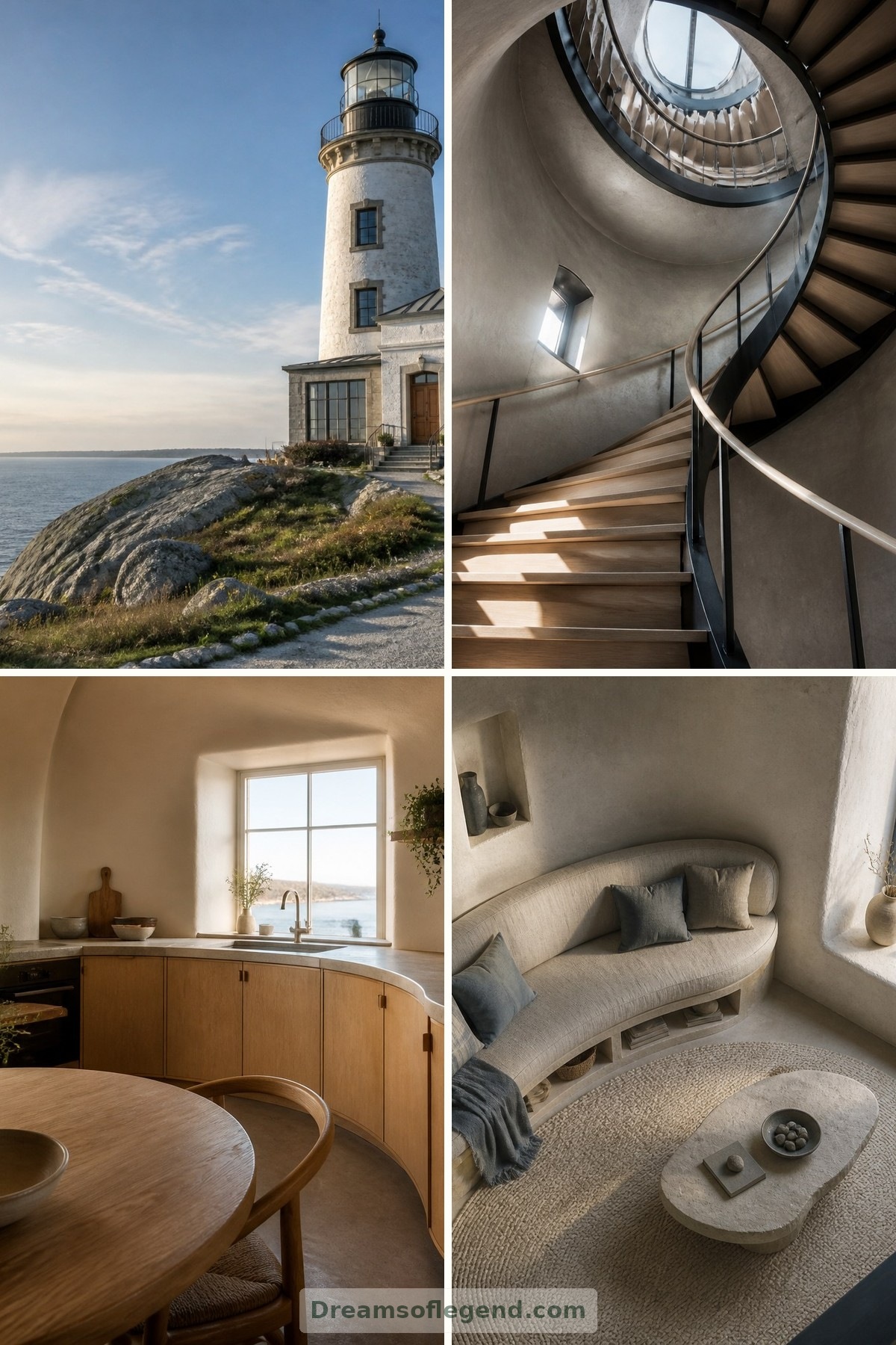 Ein Leuchtturm wird zum Wohnhaus: Leben rund um eine Wendeltreppe — Collage-Cover mit vier Bildern