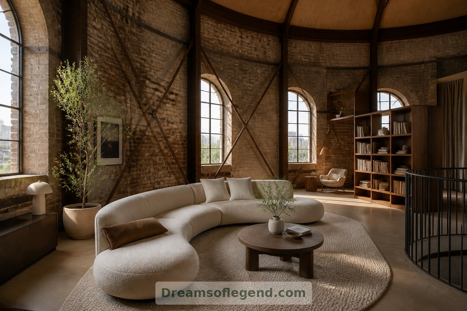 Ein geschwungenes Sofa und vielschichtig kombinierte Naturmaterialien verleihen dem imaginären Wohnzimmer häusliche Geborgenheit.
