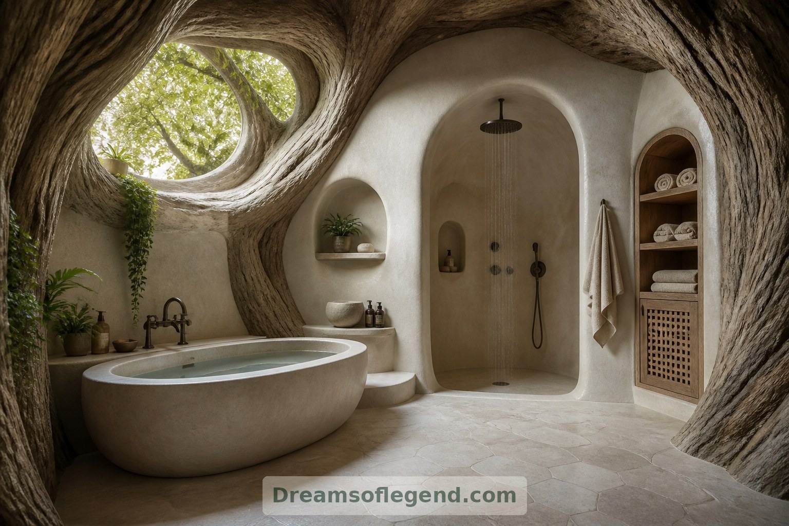 Kreidige Fliesen und eine glatte, ovale Badewanne bringen eine ruhigere Materialpalette in den fiktiven Baderaum.