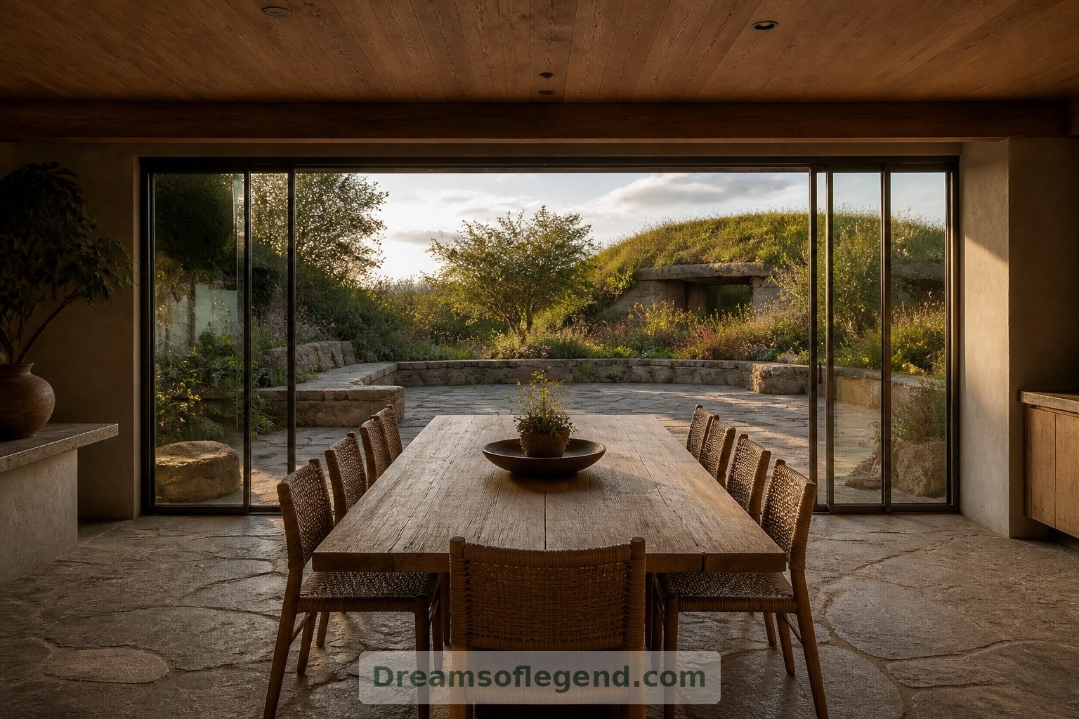Ein Esstisch aus Holz bildet den Mittelpunkt dieses erdachten Wohnbereichs zwischen drinnen und draußen, dessen Schiebetüren sich zu einer nicht überdachten Terrasse öffnen.