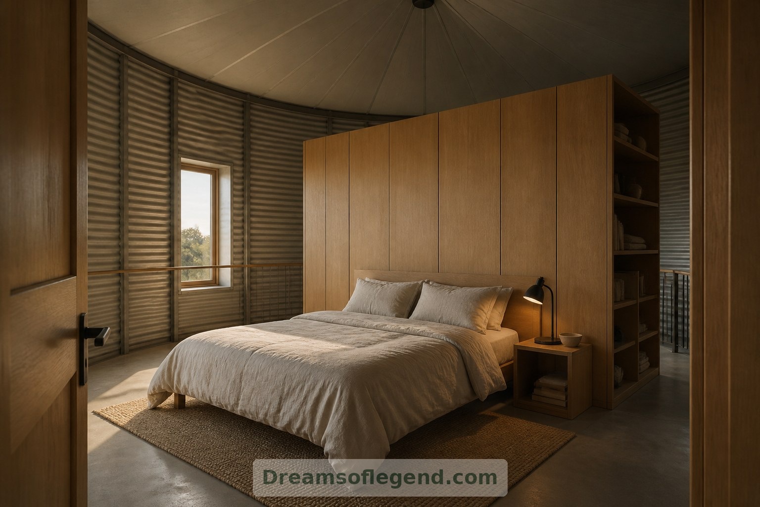 Fiktives Schlafzimmer: Ein Kleiderschrank als Raumteiler bietet Stauraum und eine Wand am Kopfende des Bettes, ohne den geschwungenen Umriss des Raumes zu verdecken.