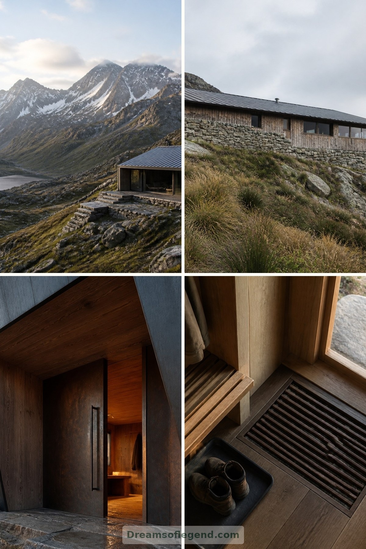 Abgelegene Berghütten: Bemerkenswerte Architektur am Rand der Wildnis — Collage-Cover mit vier Bildern
