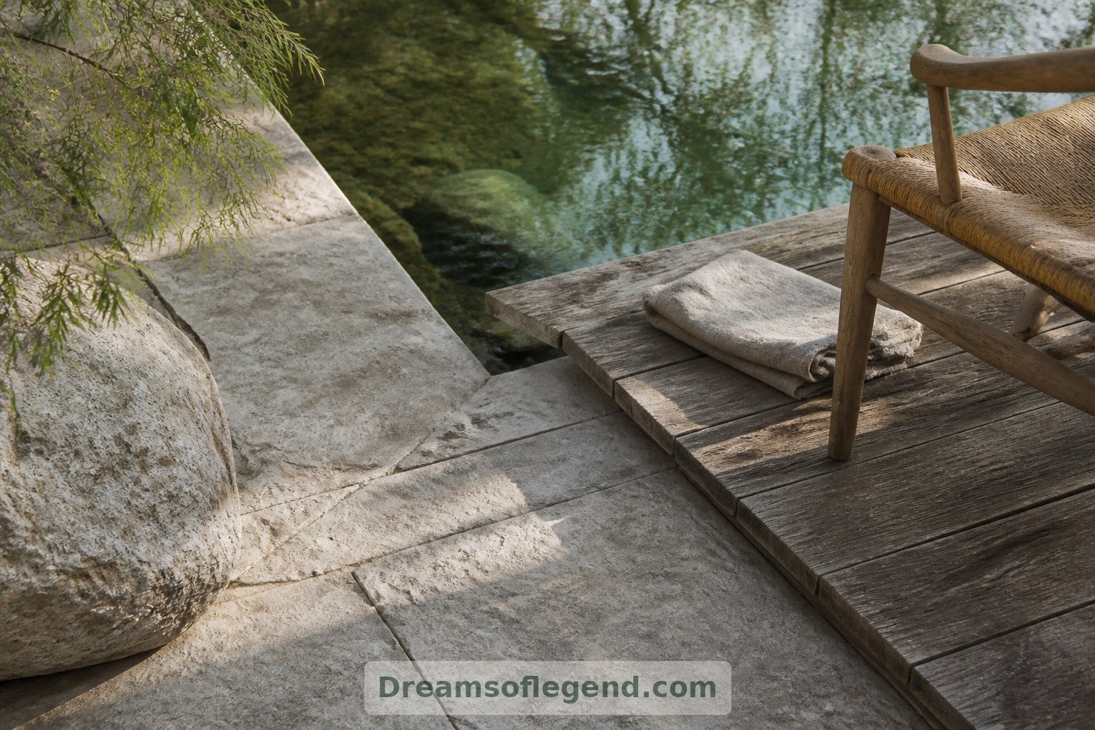Stein und Holz schaffen einander ergänzende Bereiche zum Gehen, Sitzen und Verweilen am Wasser.