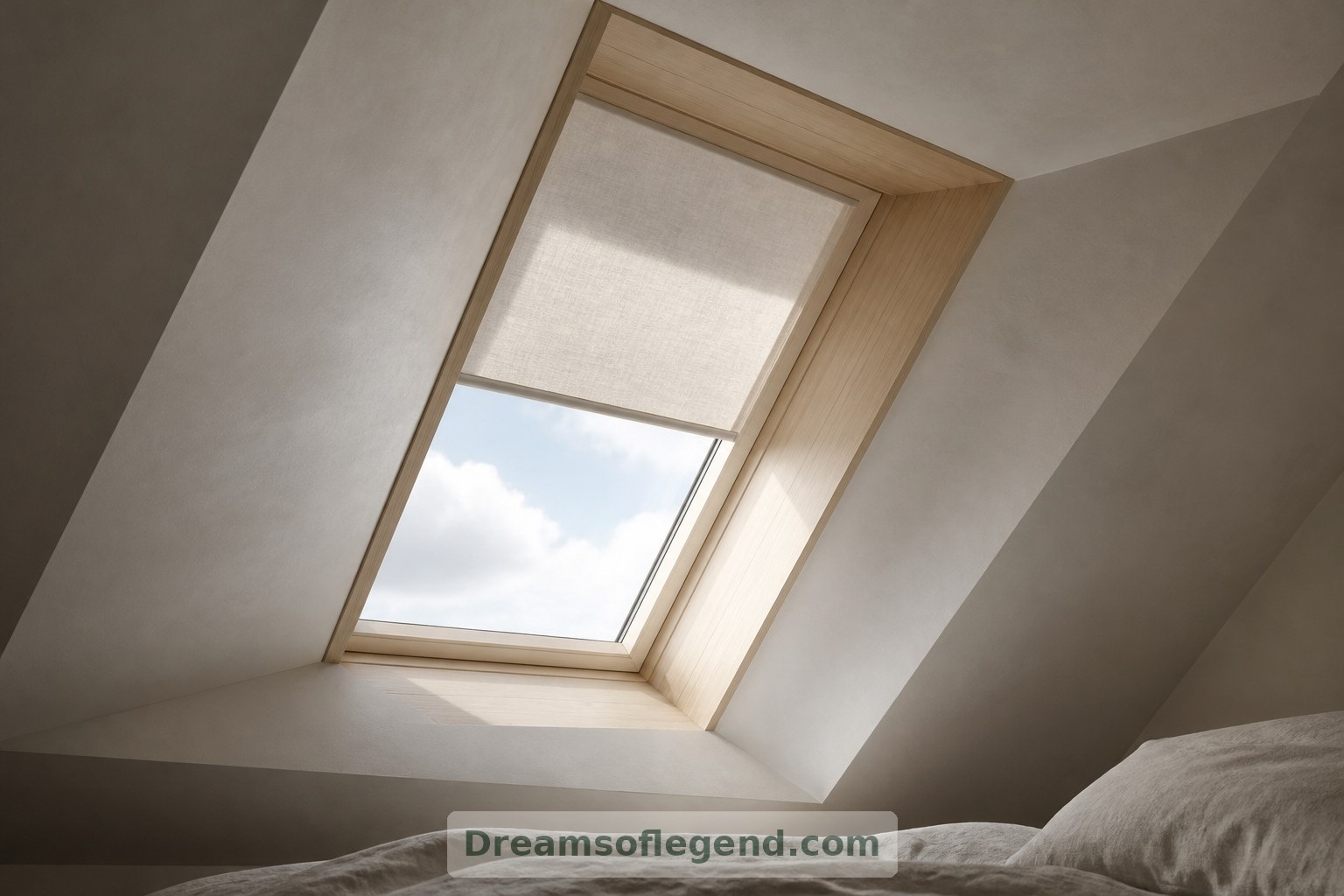 Ein passendes Rollo macht dieses fiktive Dachfenster nicht nur zum Rahmen für den Himmel, sondern auch zu einem praktischen Mittel, um das Tageslicht zu regulieren.