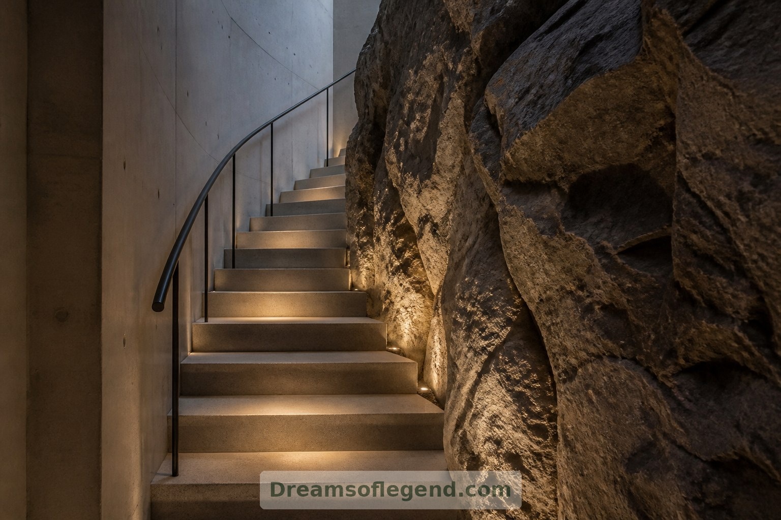 Erdachte Treppe: Ein schlanker Handlauf und sanft beleuchtete Stufen veranschaulichen eine durchdachte Wegeführung.