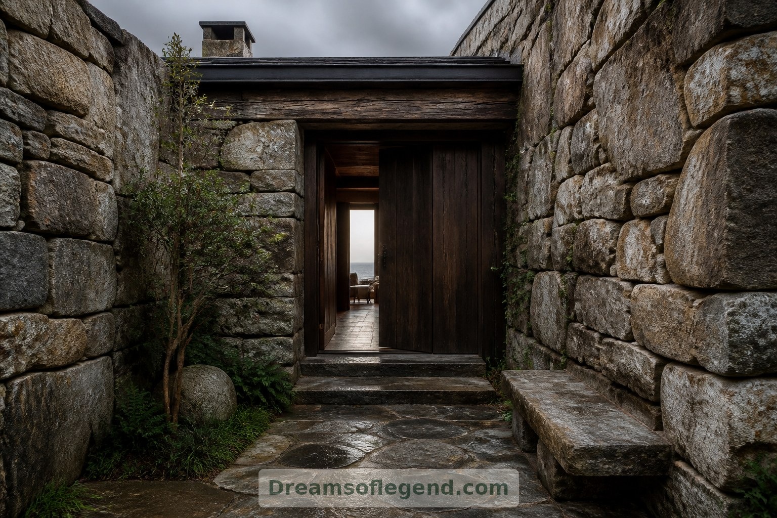 A recessed timber entrance and sheltered arrival court give the imagined home a calm, welcoming approach.