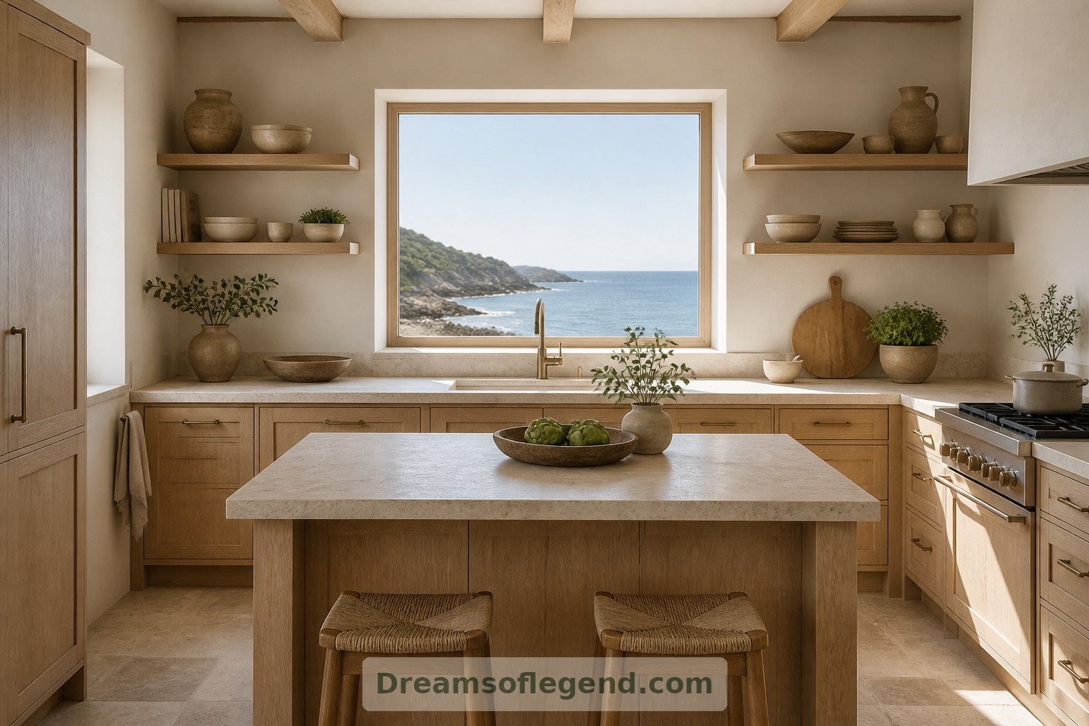 Oak cabinetry and a compact island bring everyday practicality to the fictional sea-facing kitchen.