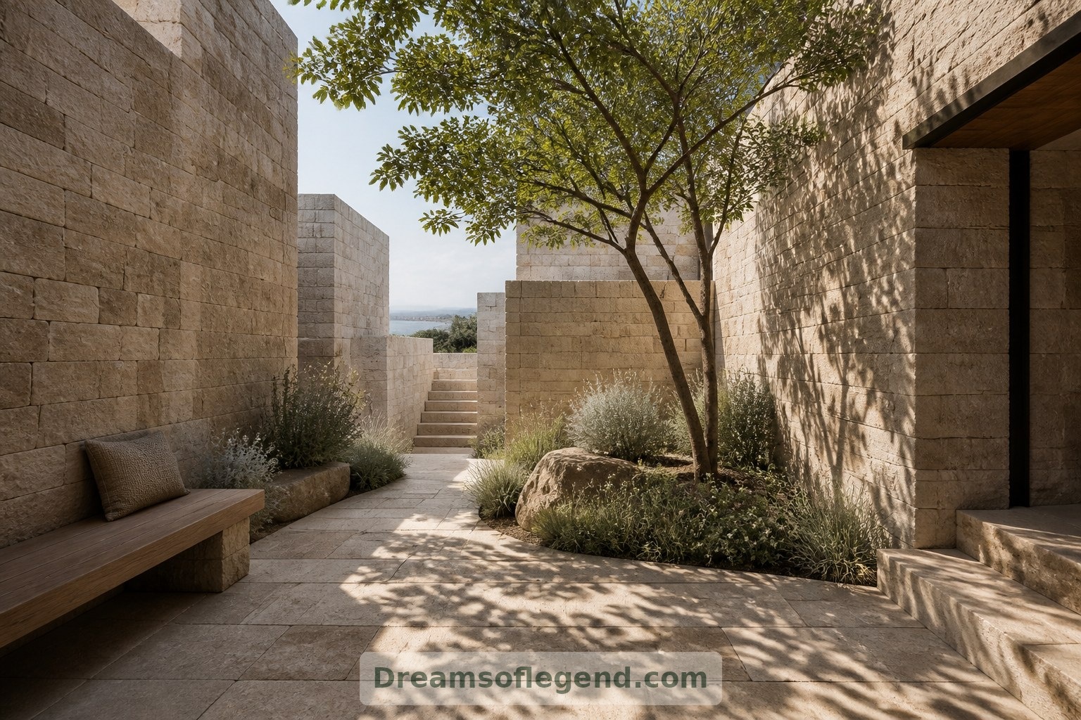 An internal courtyard introduces a protected outdoor room; planting would need to suit the actual climate and site.