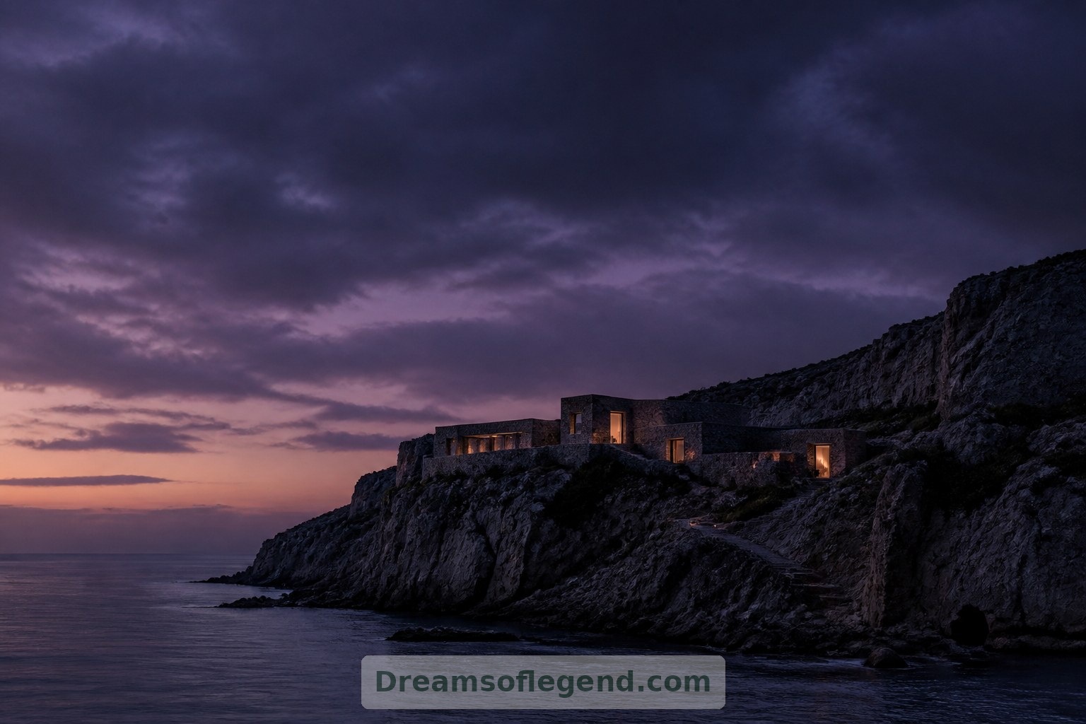 In this imaginative dusk view, restrained lighting lets the cliff and open sky remain the larger presence.