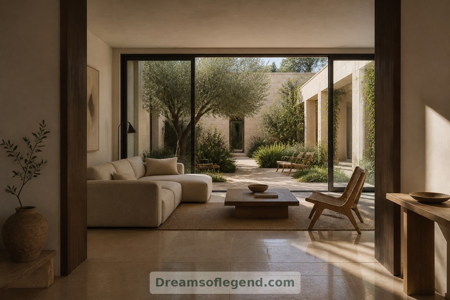 Sliding doors and continuous limestone flooring connect the imagined living room to its covered garden terrace.