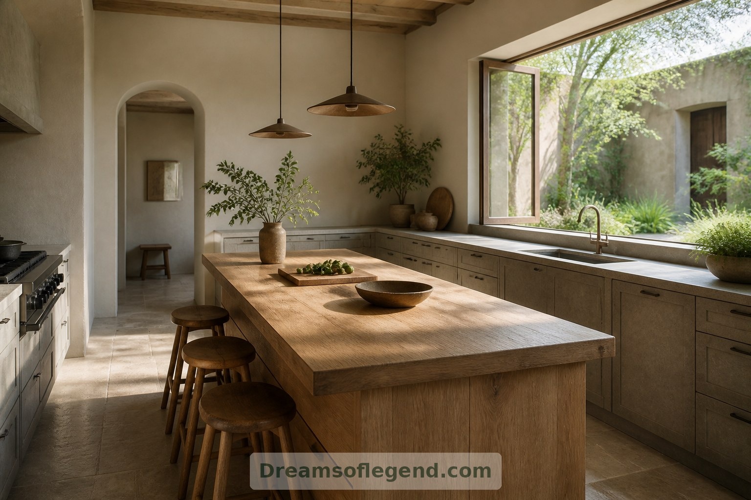A garden-facing oak island gives the proposed kitchen a leafy outlook during everyday cooking.