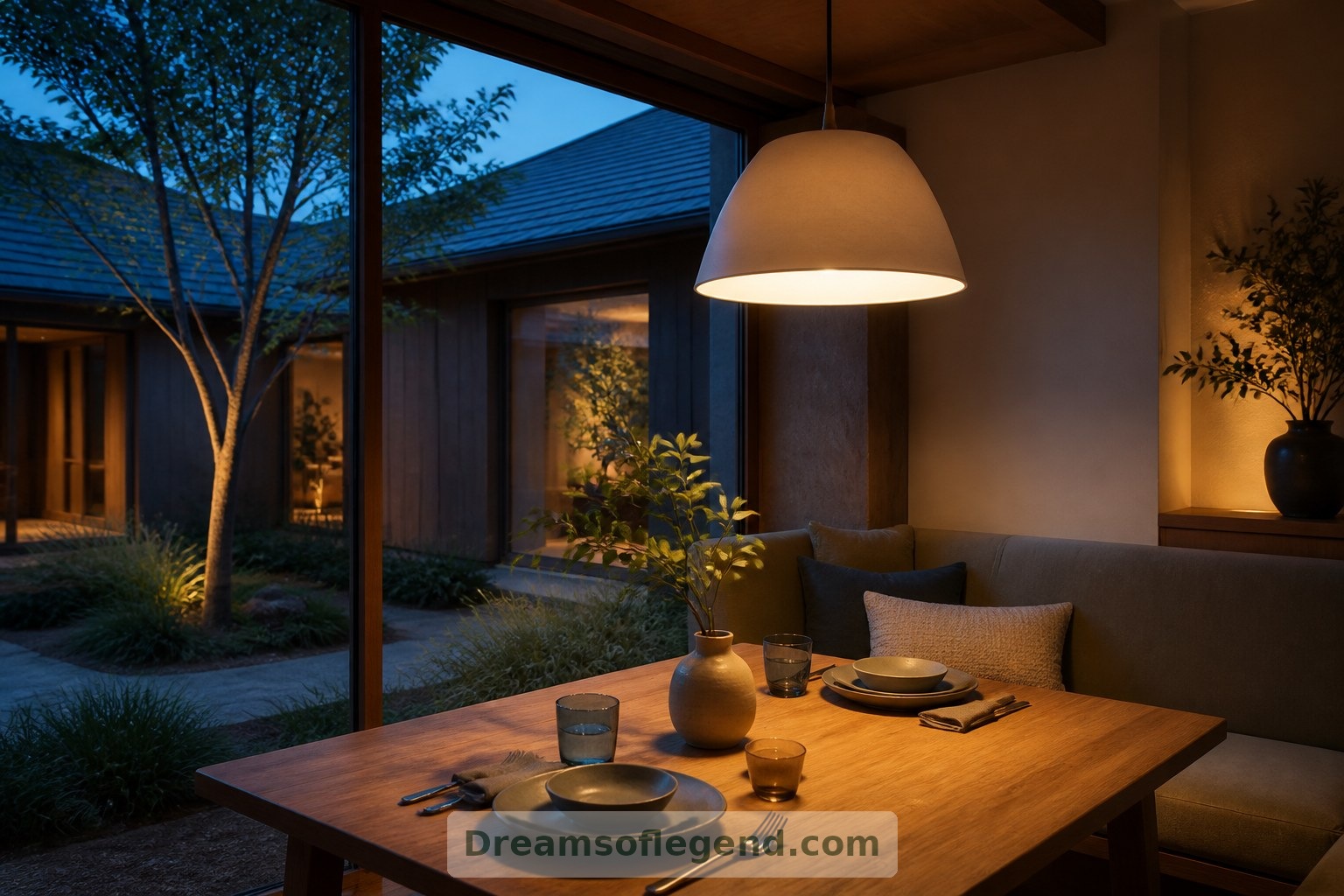 The conceptual dining nook pairs built-in seating with courtyard views and warm evening lighting.