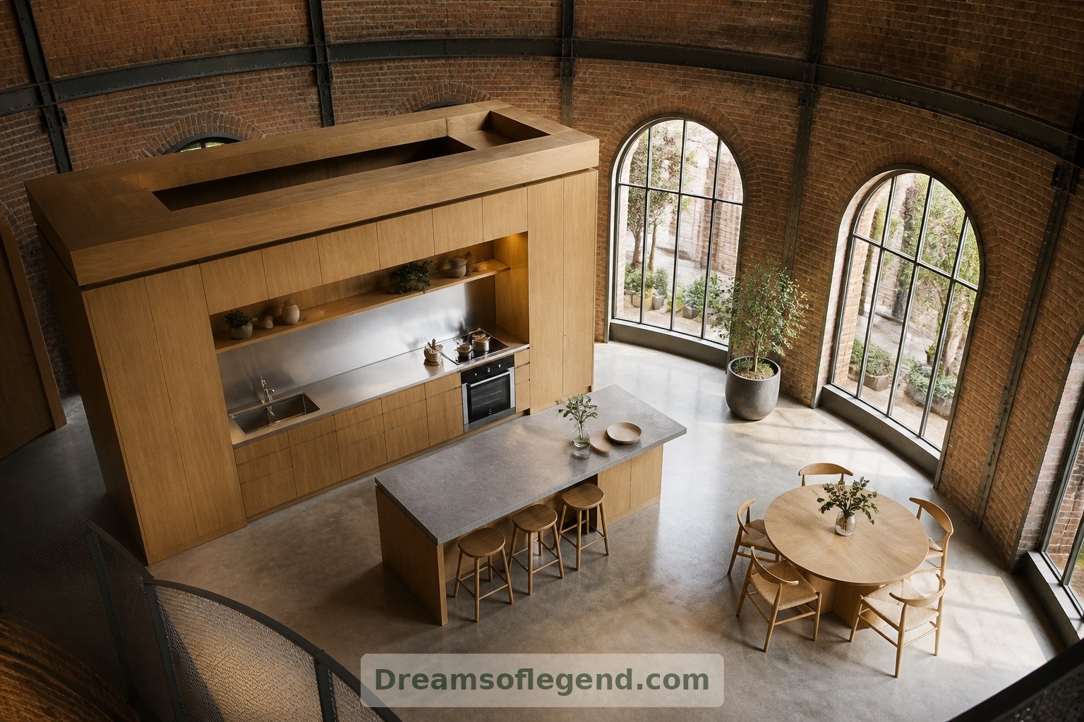 The proposed kitchen pairs a practical straight-sided insert with the surrounding circular geometry.