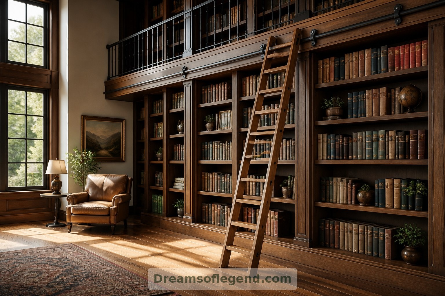 A rolling ladder serves the lower shelving in this imagined scheme, leaving the gallery to provide upper-level access.