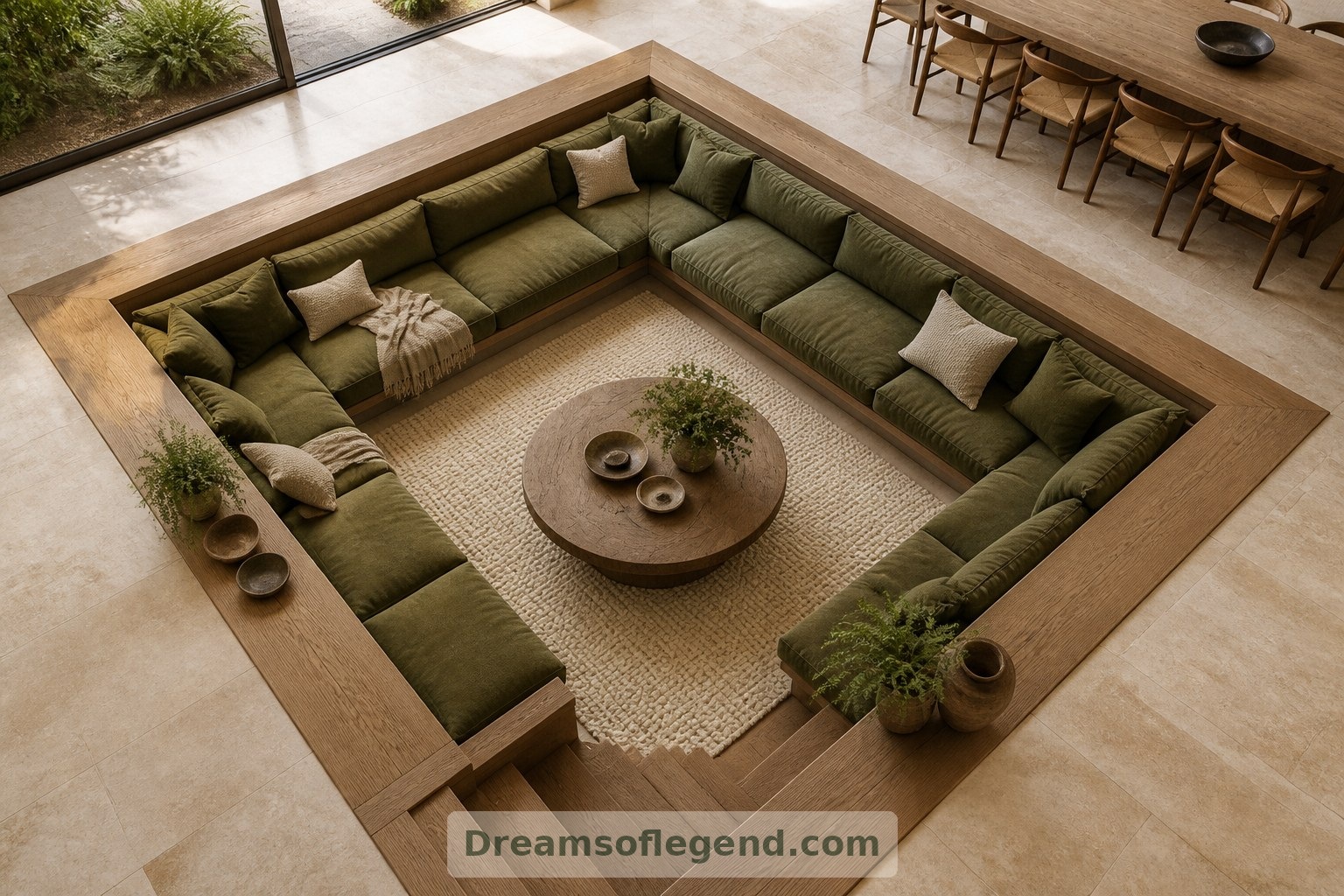 An overhead view of the fictional concept shows how perimeter seating can support conversation while leaving the center open.