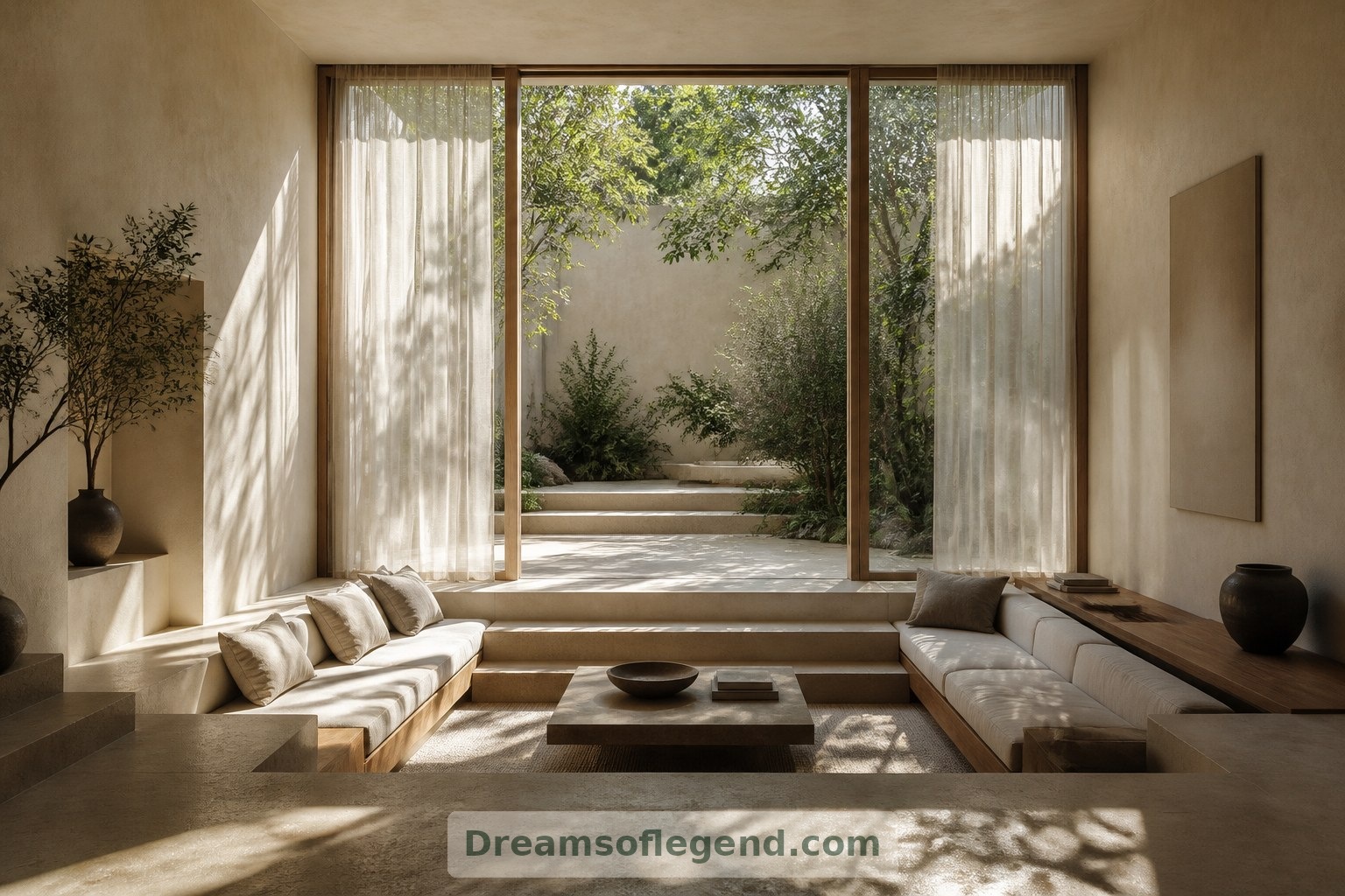 In this imagined courtyard-facing room, glazing and linen curtains bring softened daylight into the lower seating area.