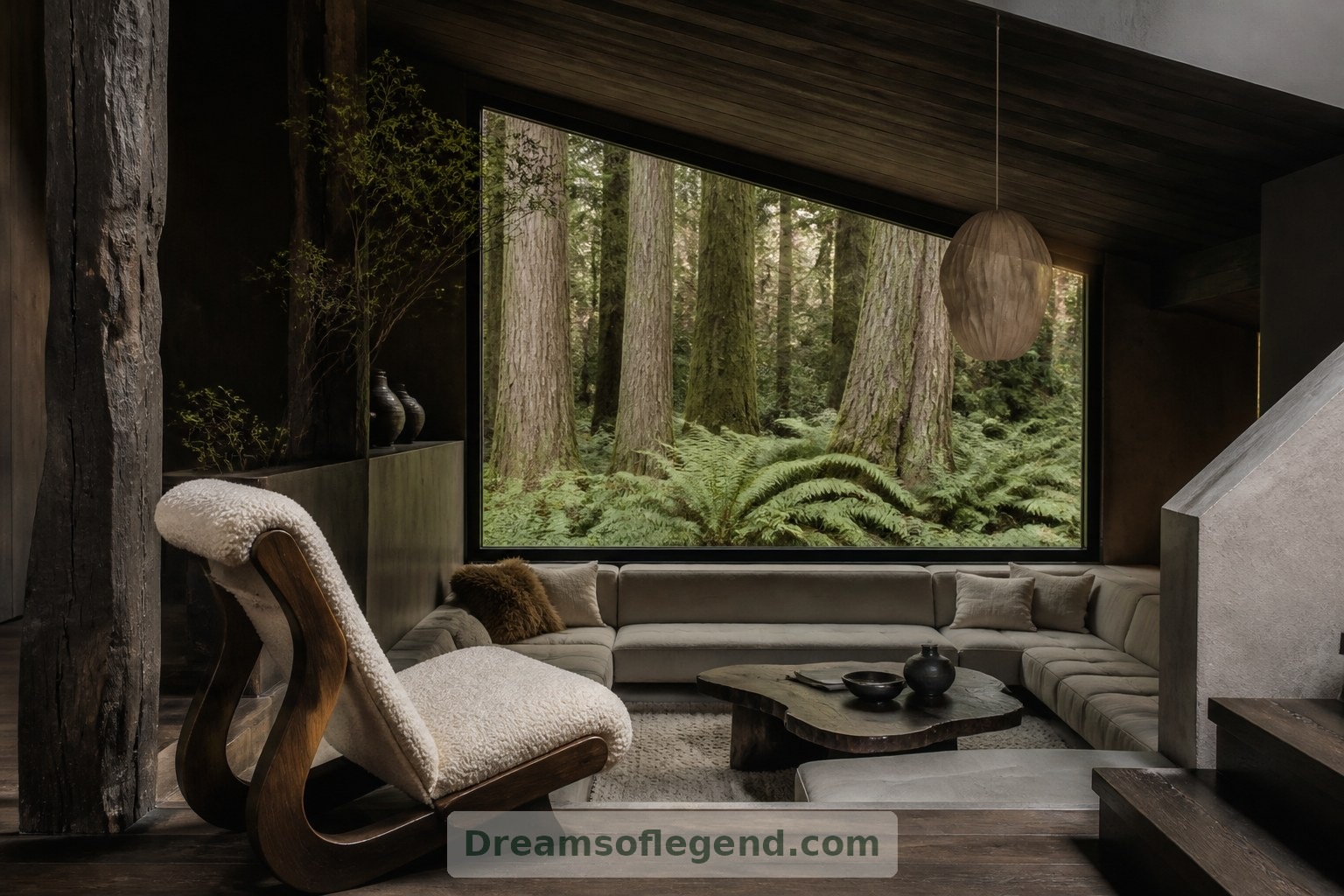 A fictional woodland lounge draws its quiet palette from the trees and ferns framed beyond the window.