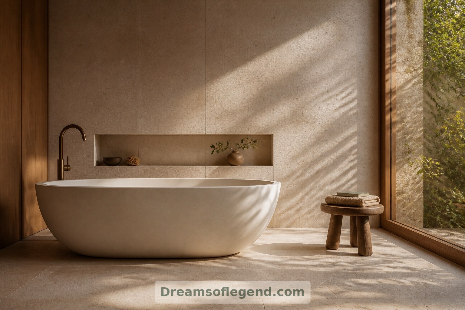 Generous space around the tub and a conveniently placed stool make the bathing alcove feel unhurried.