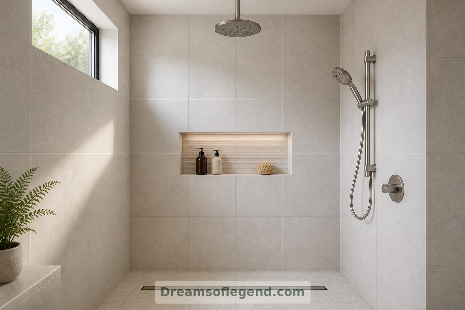 A recessed niche keeps shower essentials close without introducing a projecting shelf.