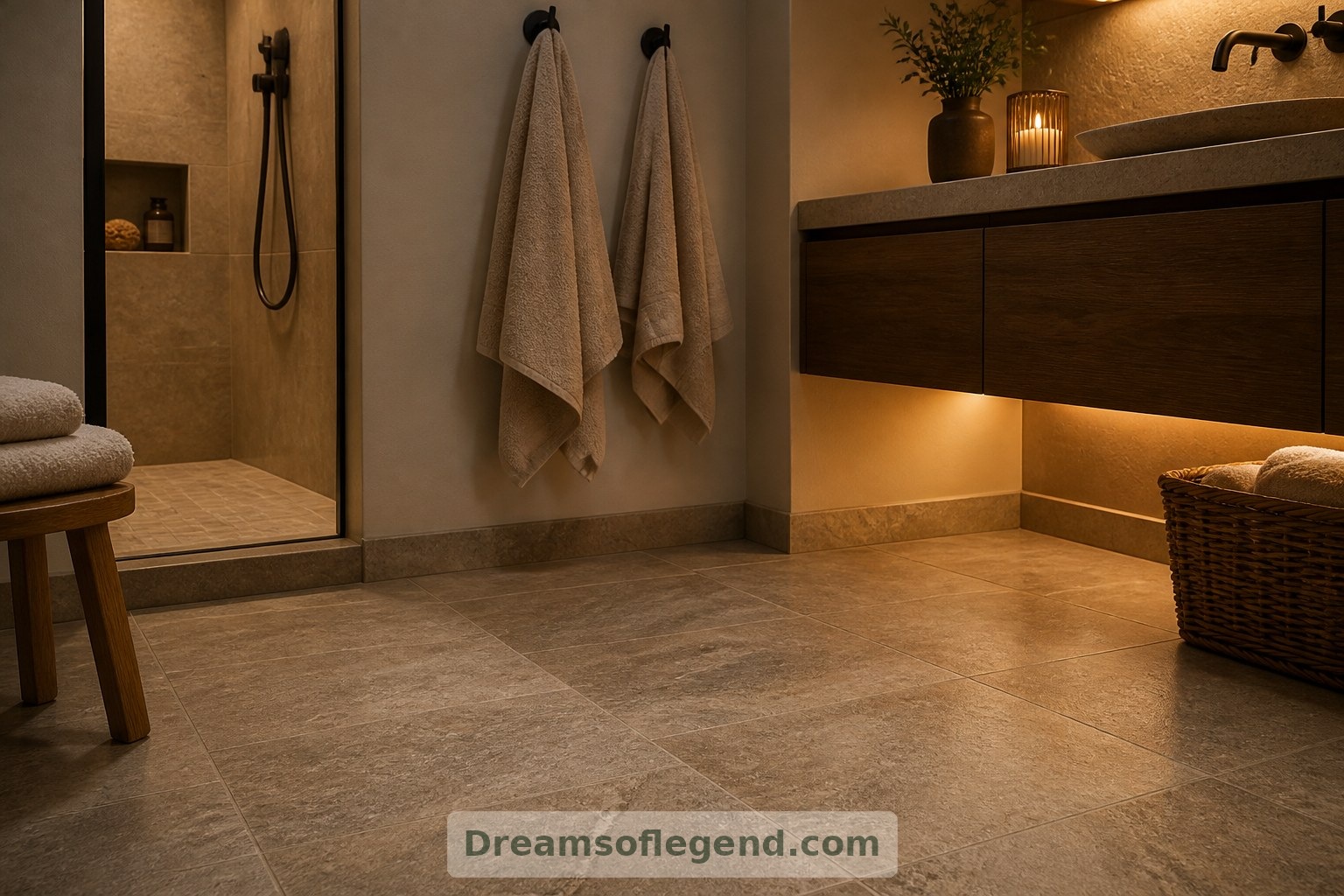Thoughtful towel placement and softly illuminated flooring bring everyday comfort into the spa-inspired design.