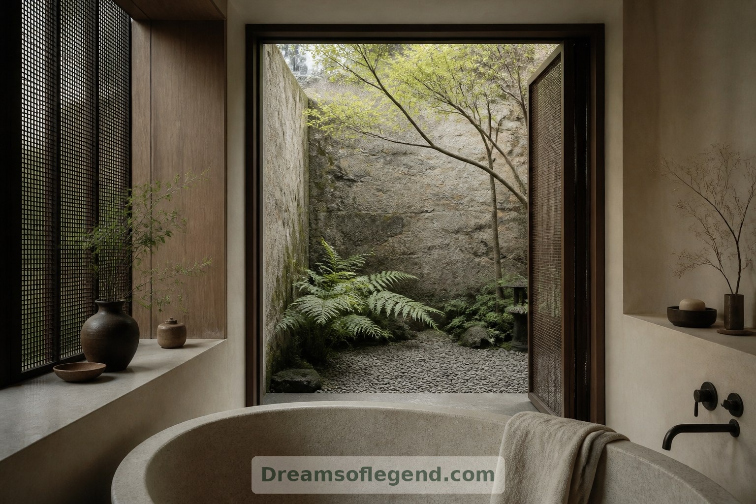 In this fictional courtyard home, screened glazing frames greenery while preserving the bathroom's privacy.