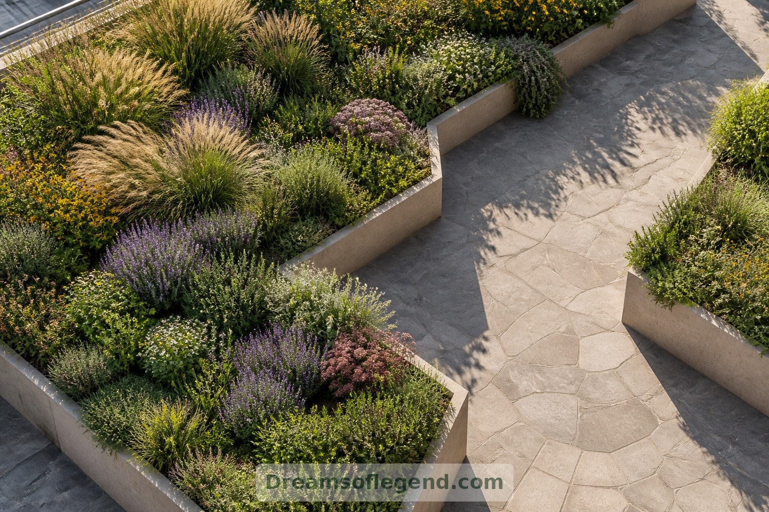 Broad beds and repeated planting give the imagined garden a coherent landscape rather than a scattered collection of pots.