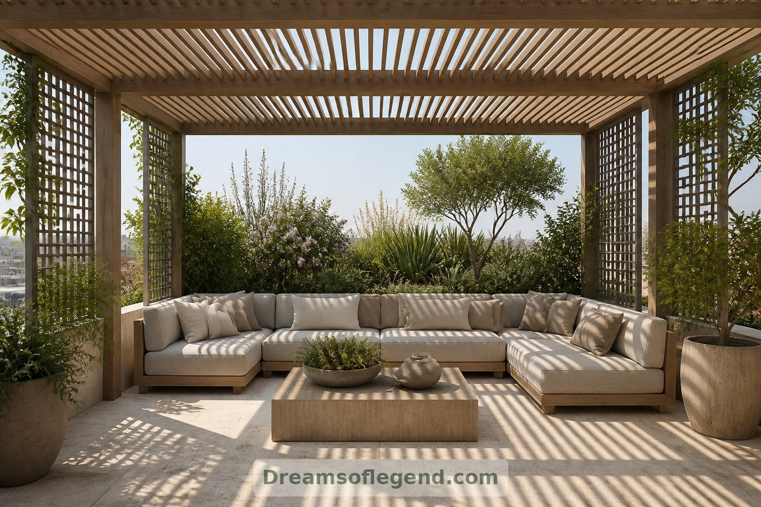 A slatted pergola defines an outdoor sitting room while preserving a sense of openness.