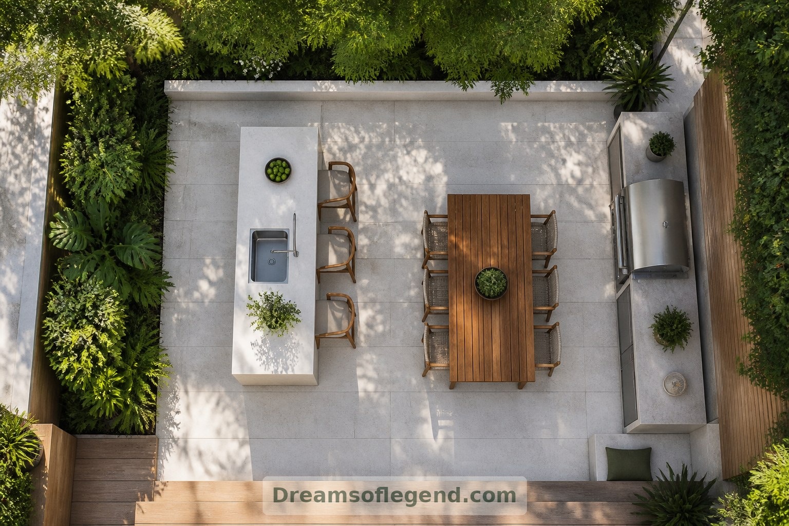 A clear layout separates cooking, preparation and dining while preserving comfortable routes through the space.