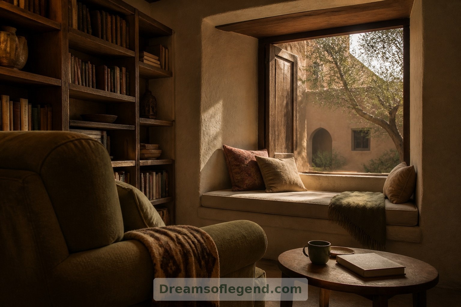 Imagined reading lounge: comfortable chairs and a window seat offer quieter alternatives to communal gathering.
