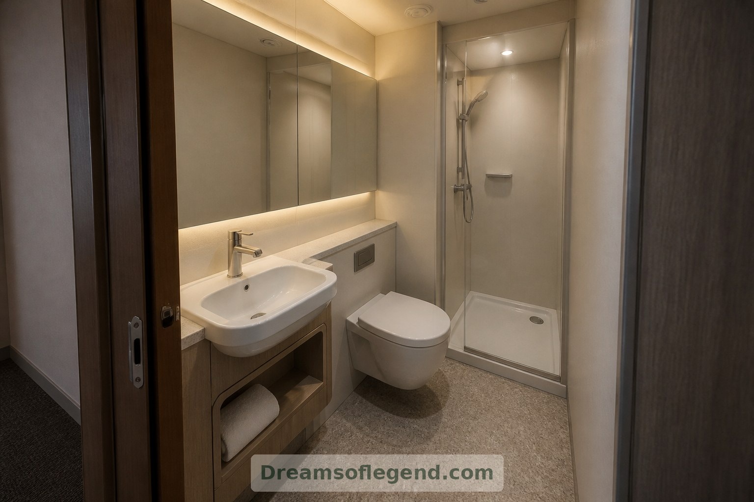This proposed bathroom explores a compact layout; its technical requirements remain unresolved.