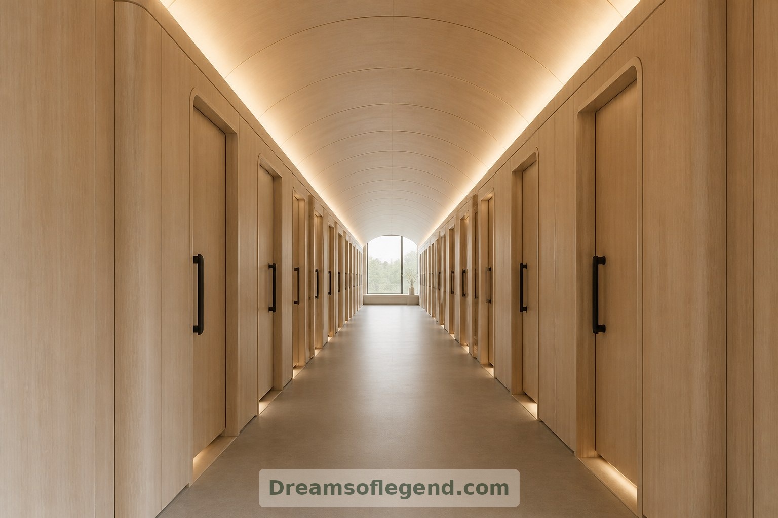 The concept corridor emphasizes clear circulation, repeated doorways and contrasting handles.