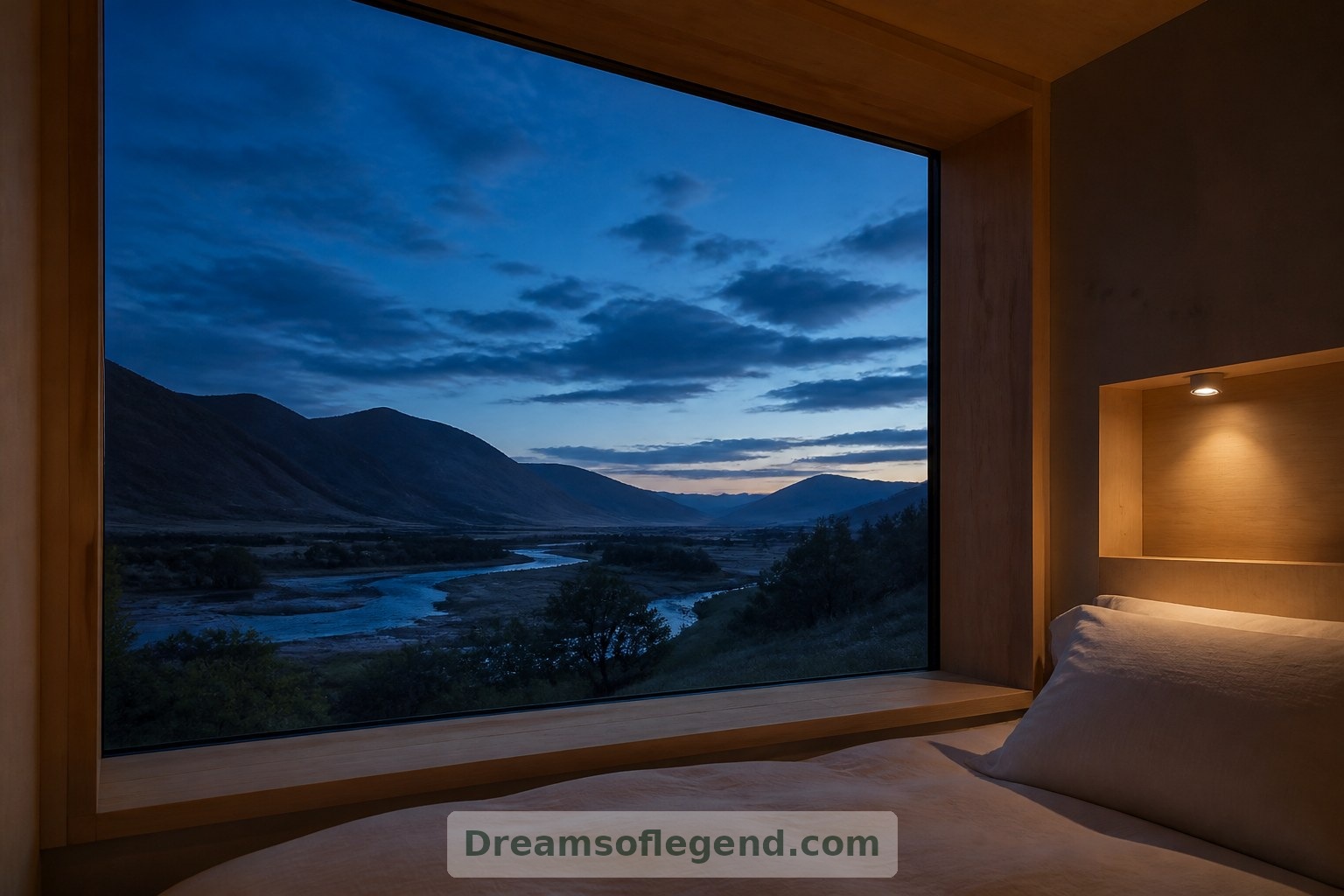 An imagined evening view captures the appeal of a small room shaped by light and landscape.
