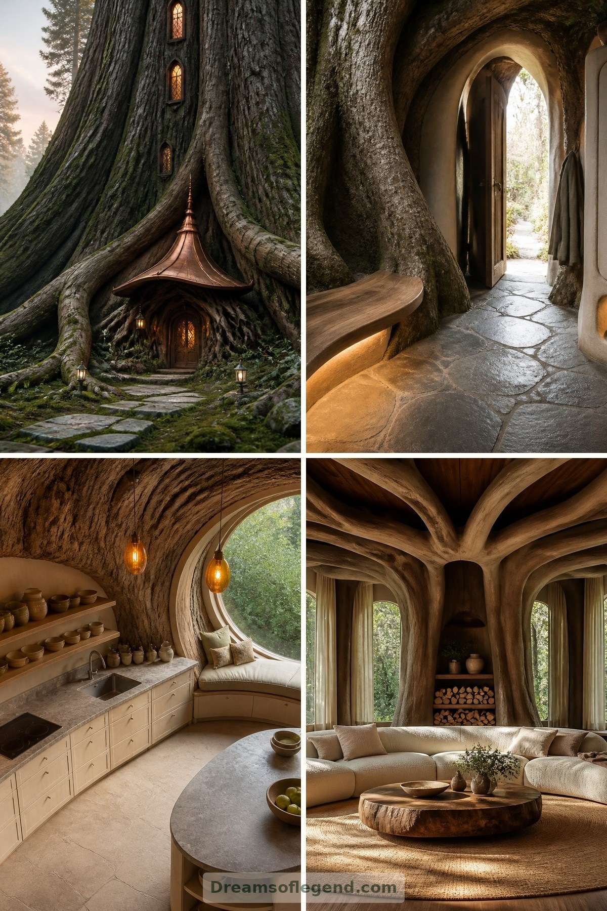 An Imagined Home Inside a Giant Tree: Rooms Among Roots and Branches — four-image collage cover