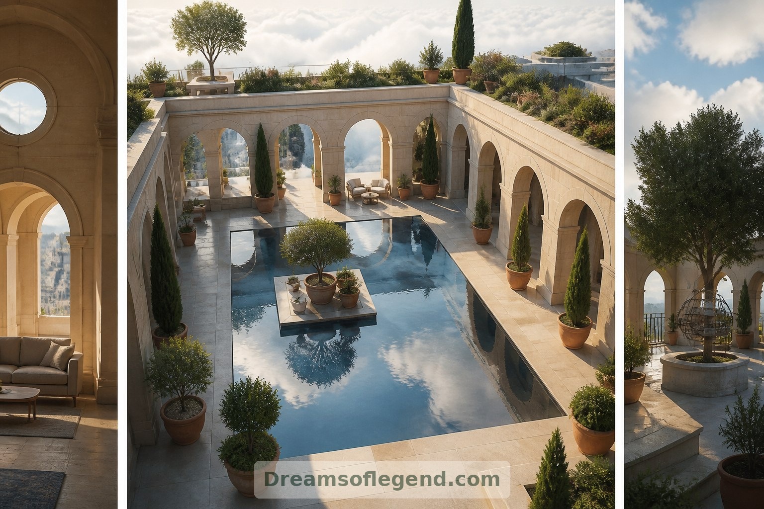 A reflecting pool and shaded arcades make this imagined courtyard a calm center for household life.