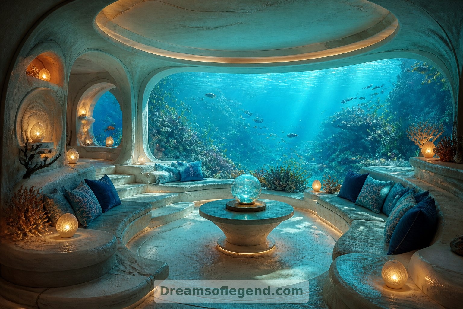 Curved ledges and a broad transparent wall give the fantasy living room an open, flowing layout.