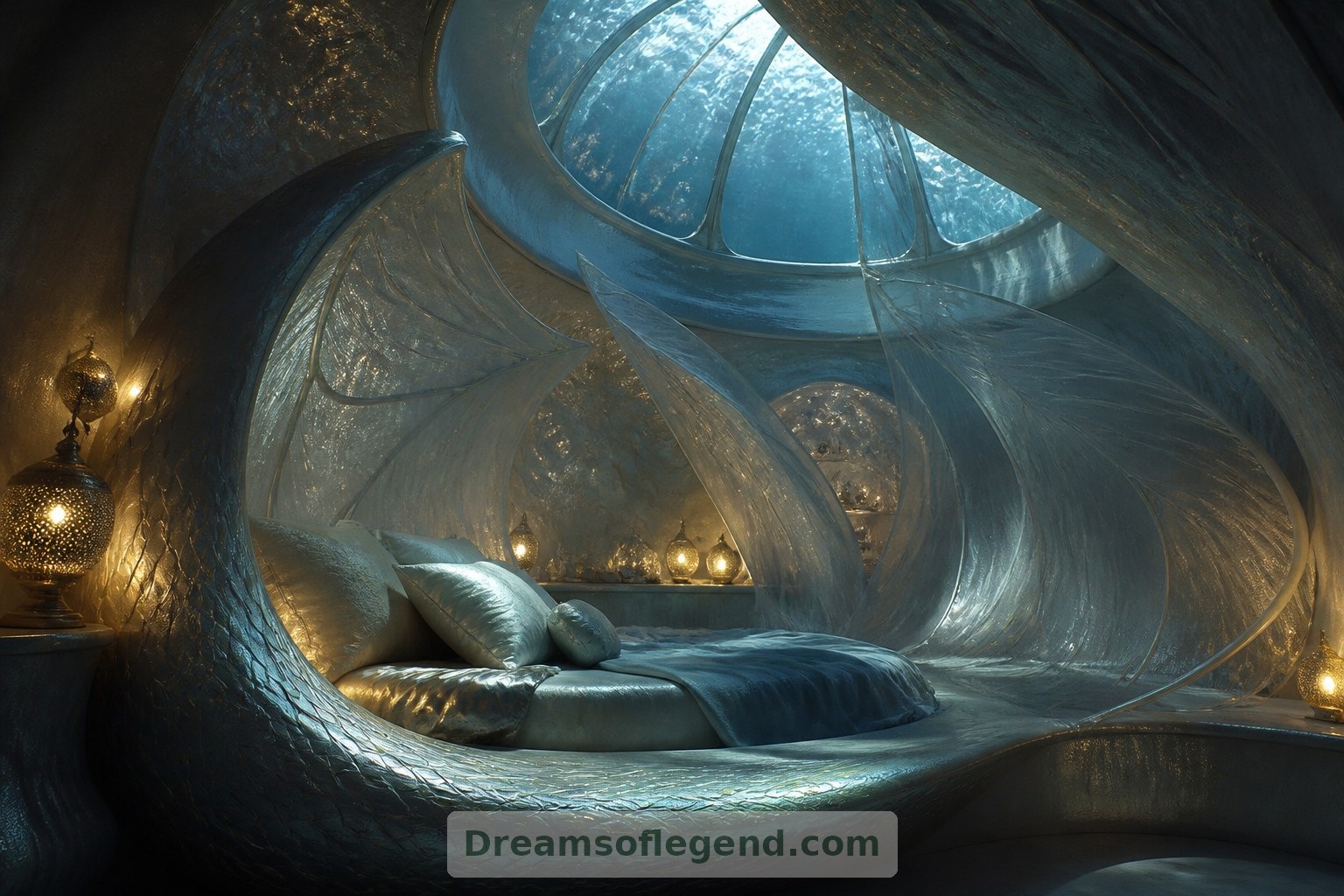 A crescent resting platform and translucent canopy make the fictional bedroom feel intimate beneath its viewing dome.