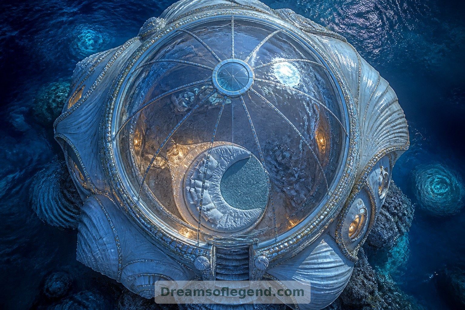 Seen from above, the bedroom dome reveals the home's curved geometry beneath a deliberately dreamlike moonlit shimmer.
