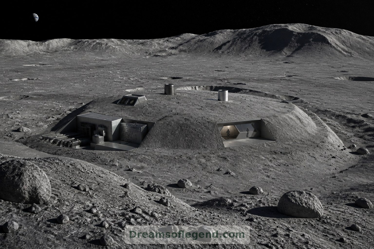 Seen from a lunar ridge, the imagined residence reads as a sheltered refuge rather than an Earth-style mansion.
