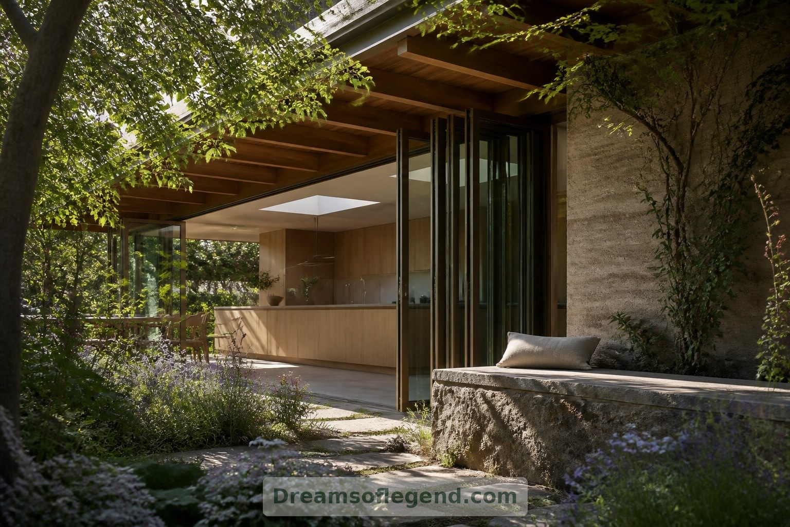 In this speculative design, folding glazing connects the kitchen and garden beneath a protective canopy.