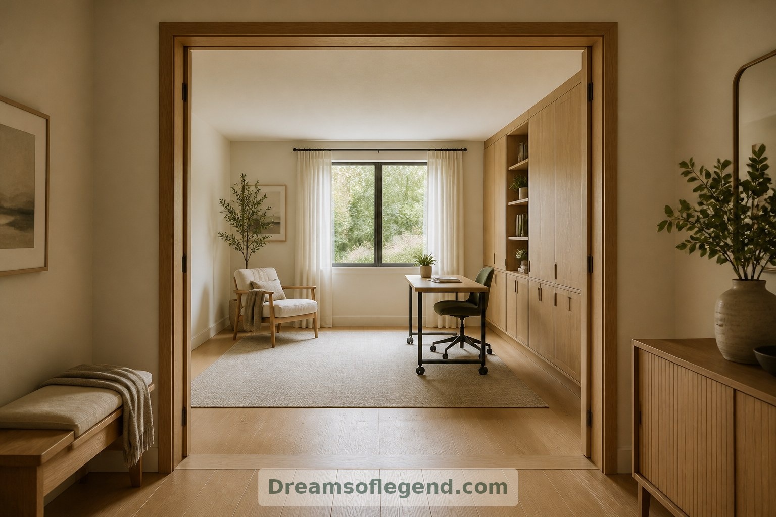 Wide routes and a level threshold support the proposed study's potential transition into a ground-floor bedroom.