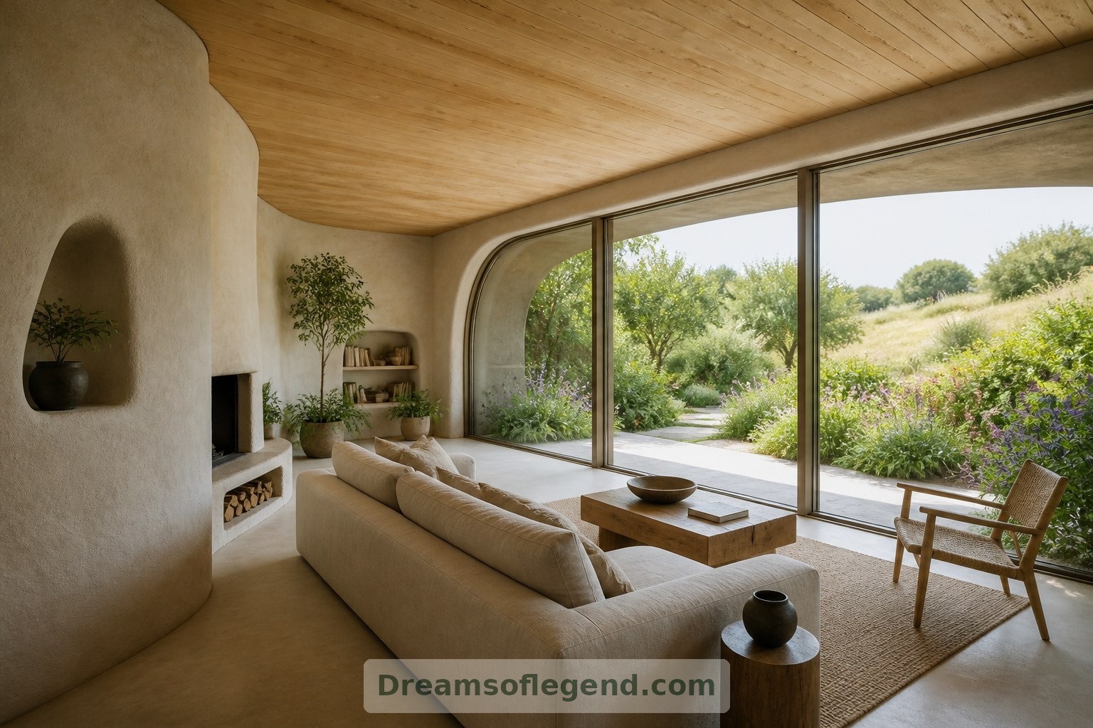 In the imagined living room, broad glazing and pale finishes balance the visual weight of the surrounding structure.