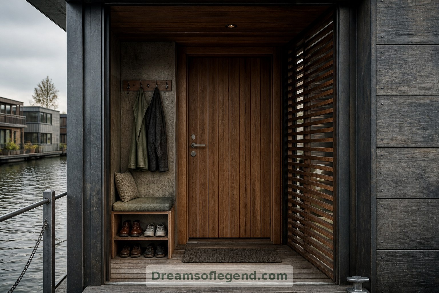 A sheltered entrance concept creates a practical transition between waterside weather and the interior.