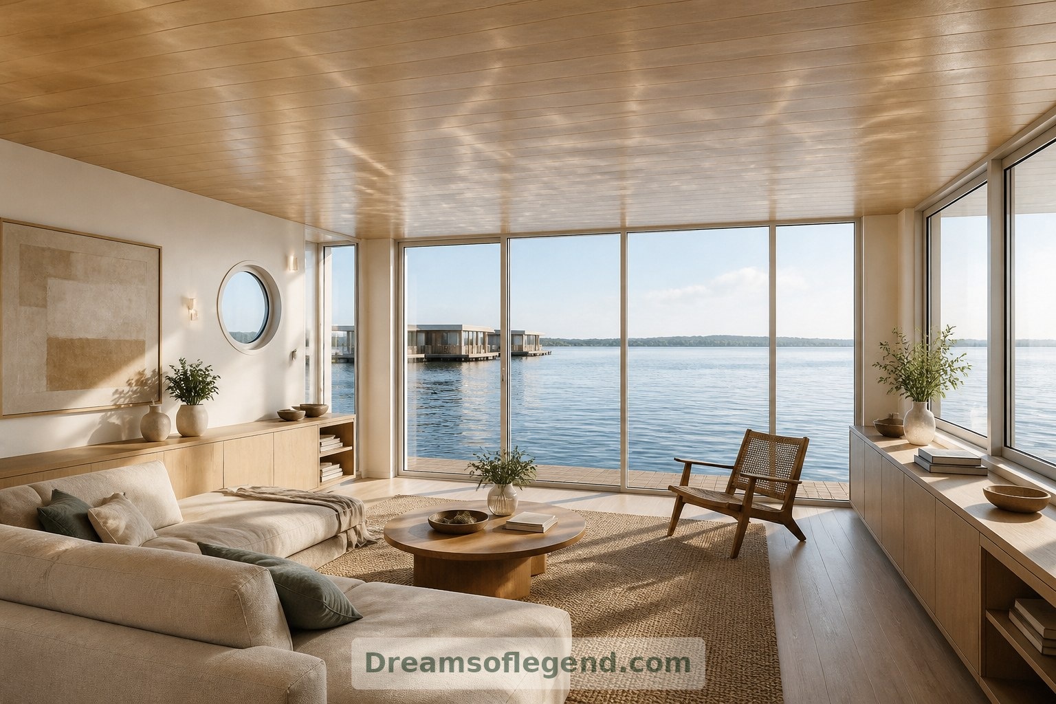 Low furniture and uninterrupted sightlines give this conceptual living room a generous relationship with the water.