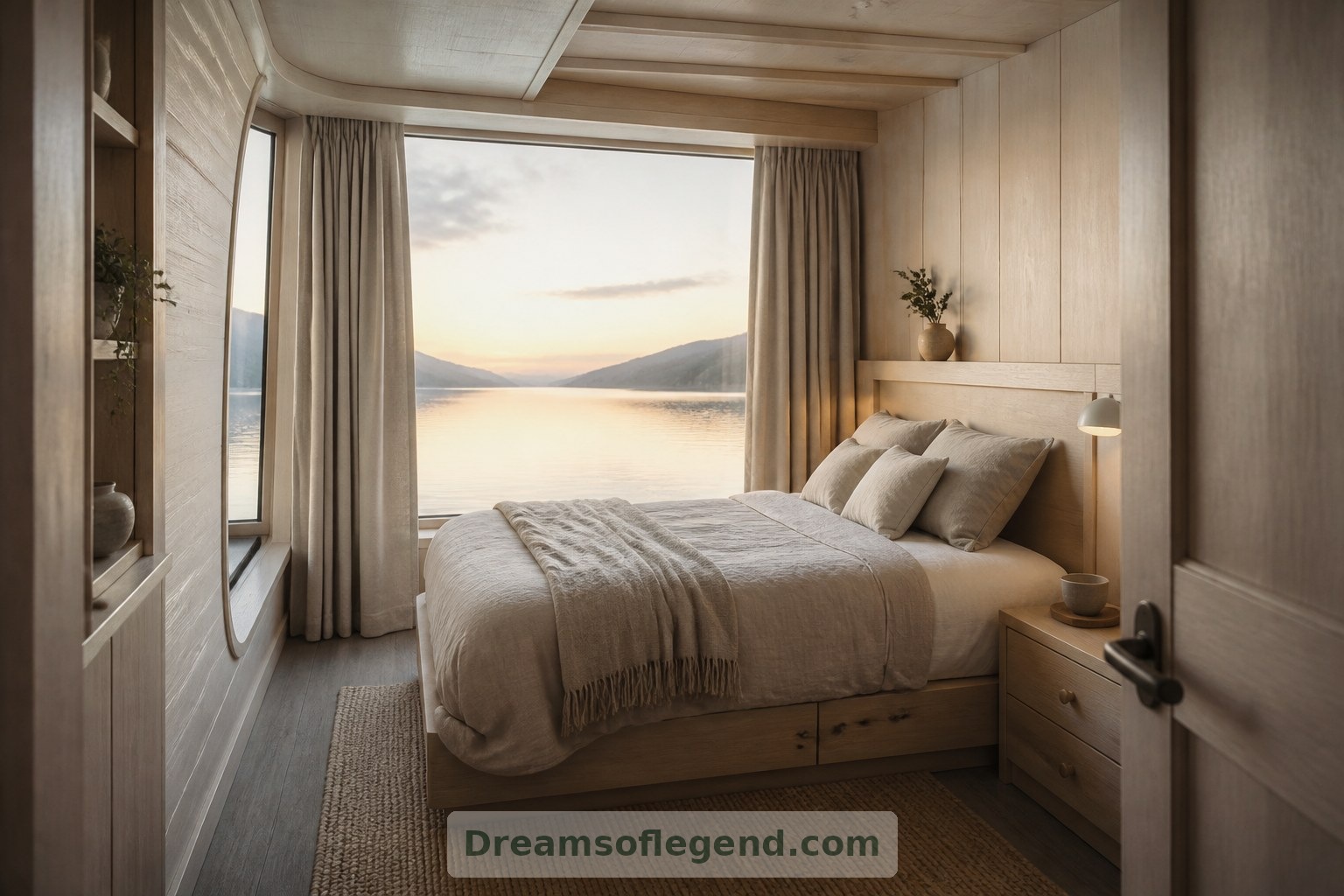 In this bedroom concept, curtains and integrated storage balance broad water views with a sense of shelter.