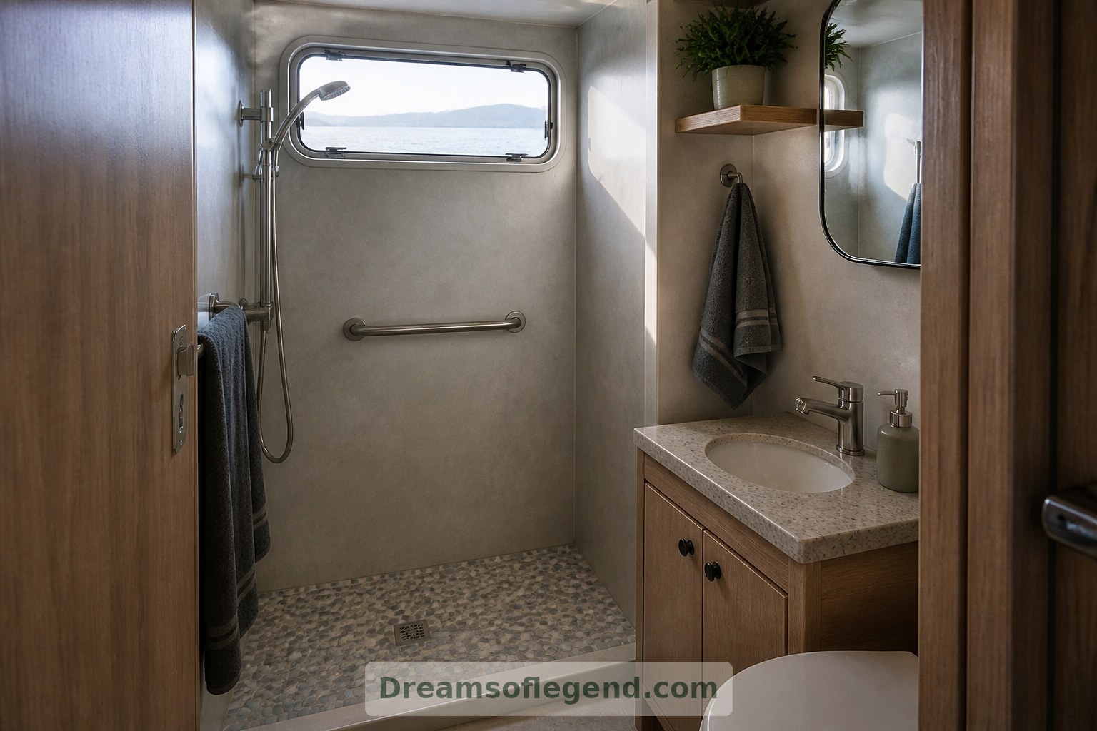Textured flooring, a grab rail and simple finishes inform this imagined bathroom's practical design.