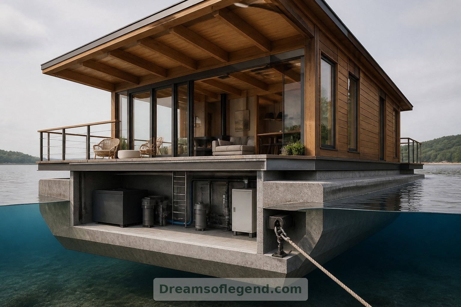 This conceptual cutaway illustrates buoyant support and service access; it is not an engineering specification.