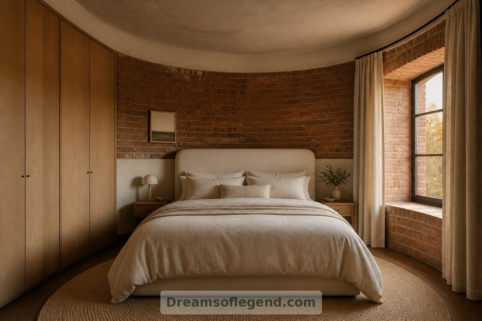 Simple furniture, shallow storage and linen curtains keep the imagined bedroom calm and uncluttered.