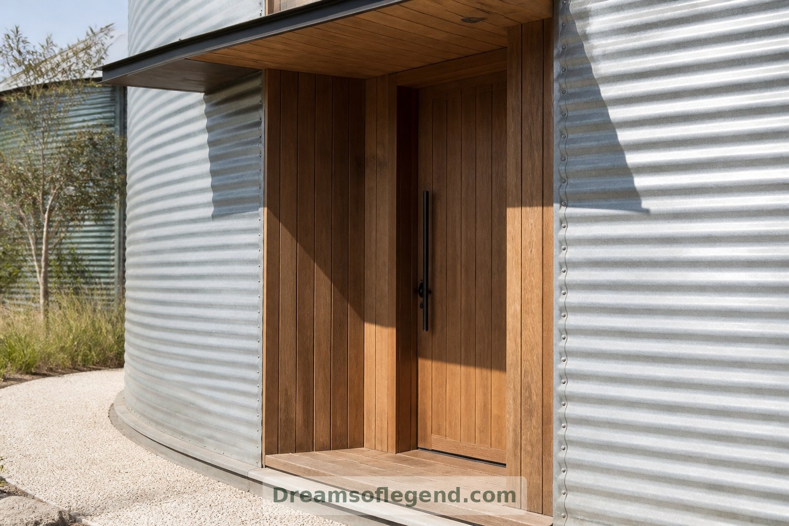 Imagined entrance detail: recessed timber joinery brings warmth and shelter to the corrugated-metal shell.