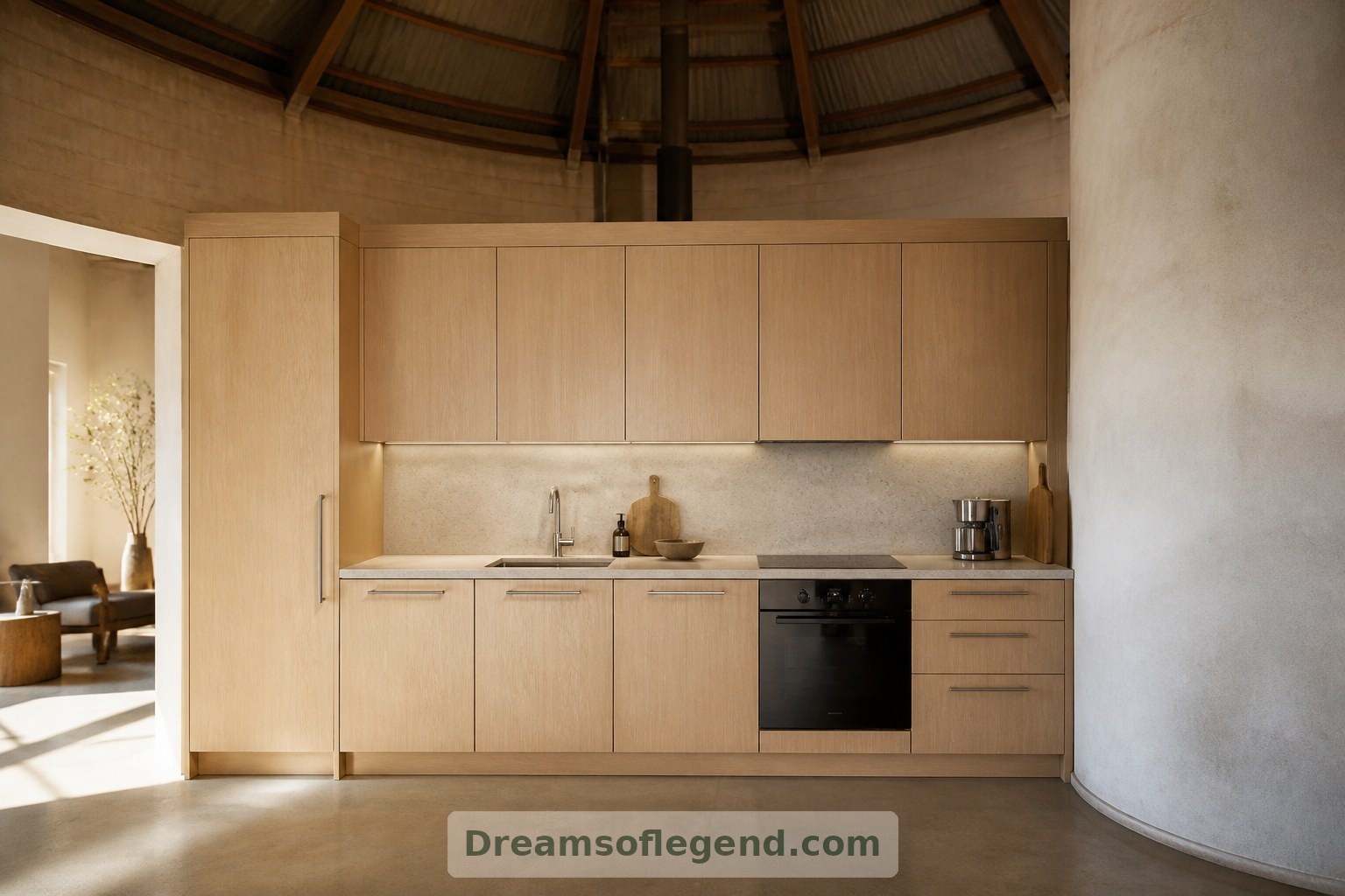 Imagined kitchen: a straight internal partition accommodates conventional cabinetry within the cylindrical shell.